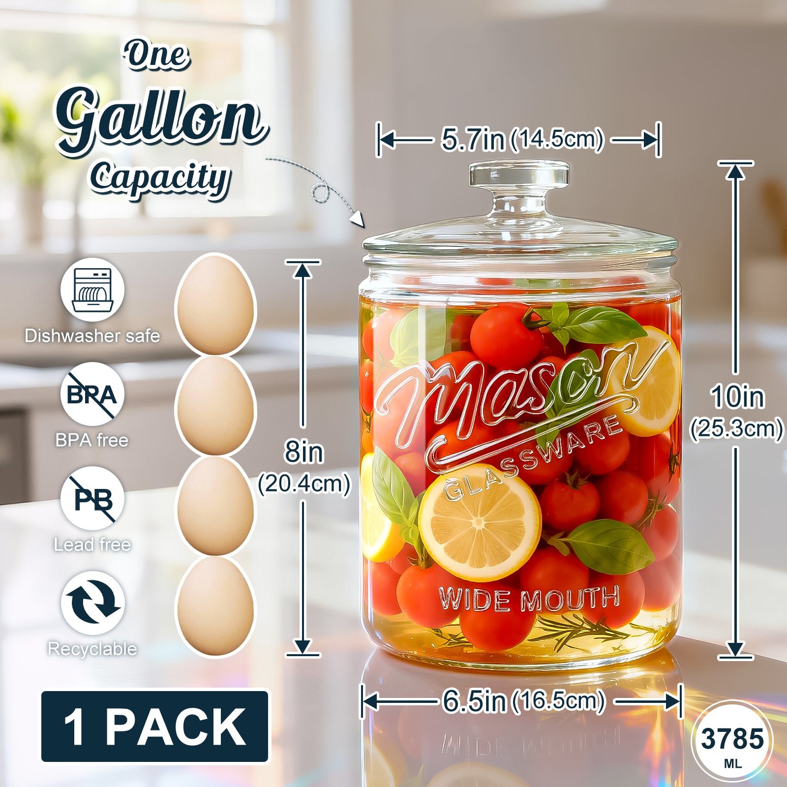 1 Gallon Glass Cookie Jar with Lid Airtight, Large Wide Mouth Sourdough Starter Jar for Baked Goods - Glass Storage Container for Pantry Organizer, Laundry Room, Flour, Dog Treats, Meal Prep