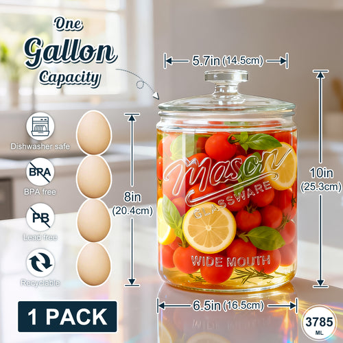 1 Gallon Glass Cookie Jar with Lid Airtight, Large Wide Mouth Sourdough Starter Jar for Baked Goods - Glass Storage Container for Pantry Organizer, Laundry Room, Flour, Dog Treats, Meal Prep